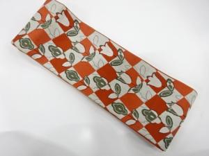 アンティーク　斜め市松に花模様織り出し半幅帯（着用可）